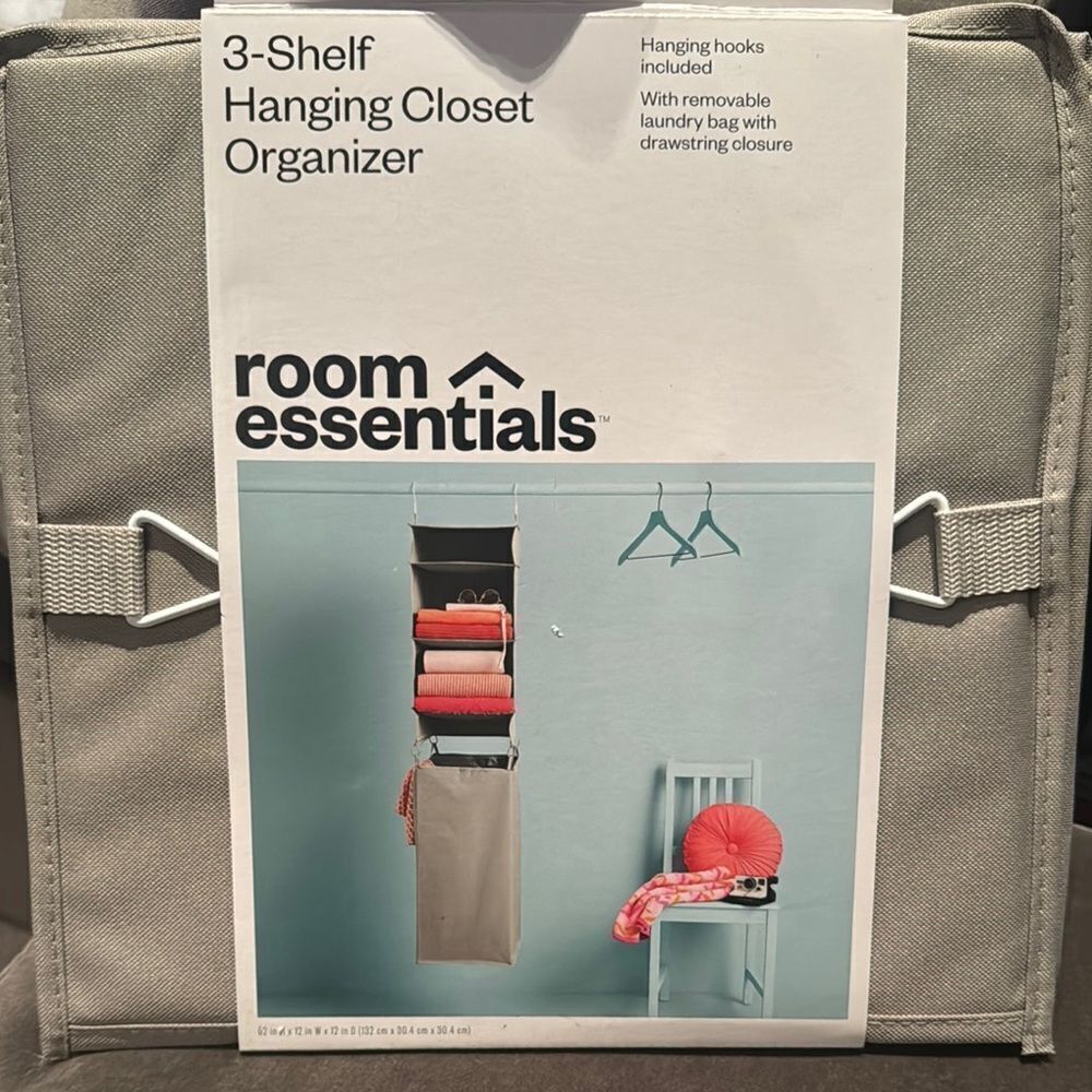 Room Essentials Gray 3-Shelf Hanging Closet Organizer Removable Laundry Bag NEW